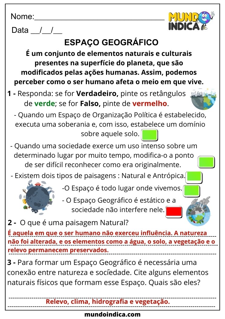 Atividade de Geografia para 6 ano Ensino Fundamental sobre Espaço Geográfico com Respostas para Imprimir