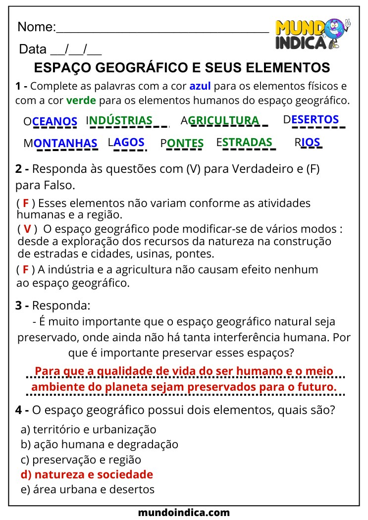 Atividade de Geografia para 6 ano Ensino Fundamental sobre Espaço Geográfico e seus Elementos com Respostas para Imprimir