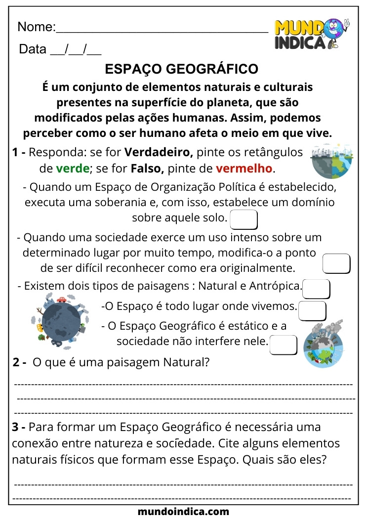 Atividade de Geografia para 6 ano Ensino Fundamental sobre Espaço Geográfico para Imprimir