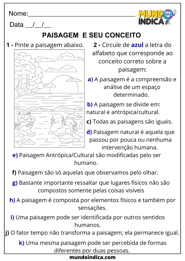 Atividade de Geografia para 6 ano Ensino Fundamental sobre Paisagem e seu Conceito com Respostas para Imprimir