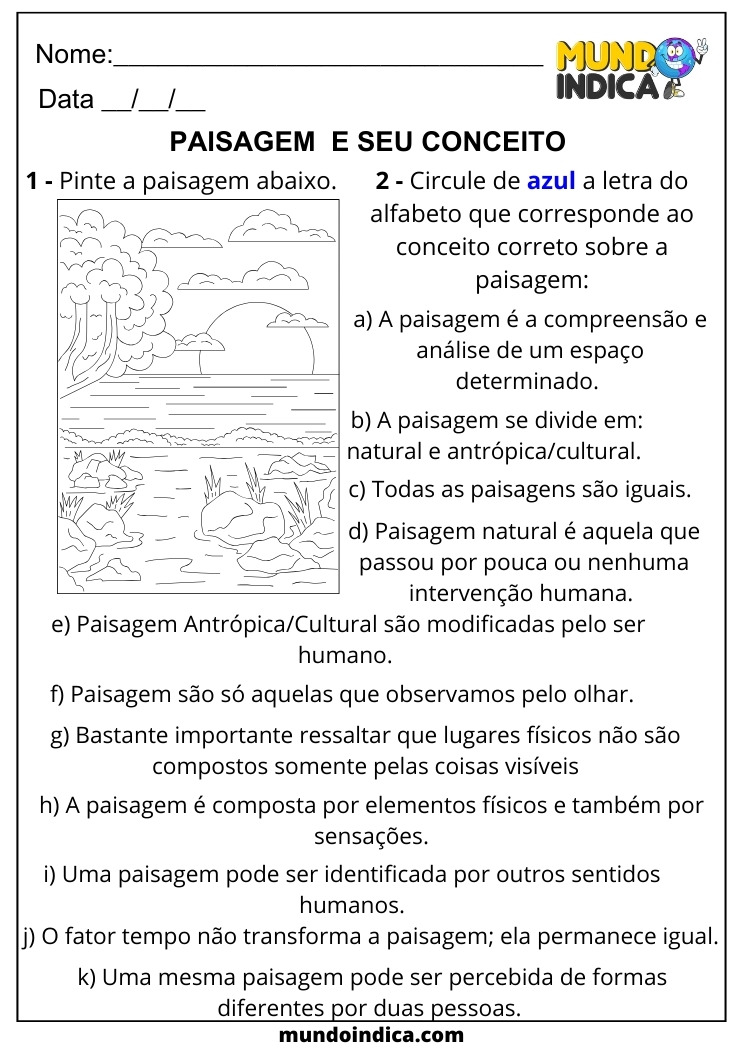 Atividade de Geografia para 6 ano Ensino Fundamental sobre Paisagem e seu Conceito para Imprimir