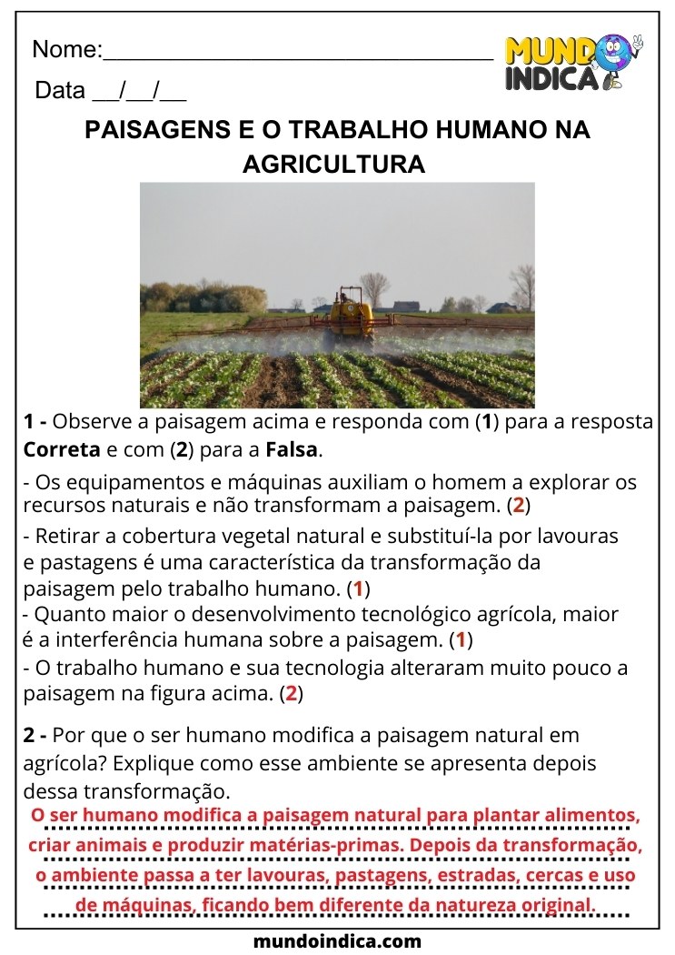 Atividade de Geografia para 6 ano Ensino Fundamental sobre Paisagens e o Trabalho Humano na Agricultura com Respostas para Imprimir