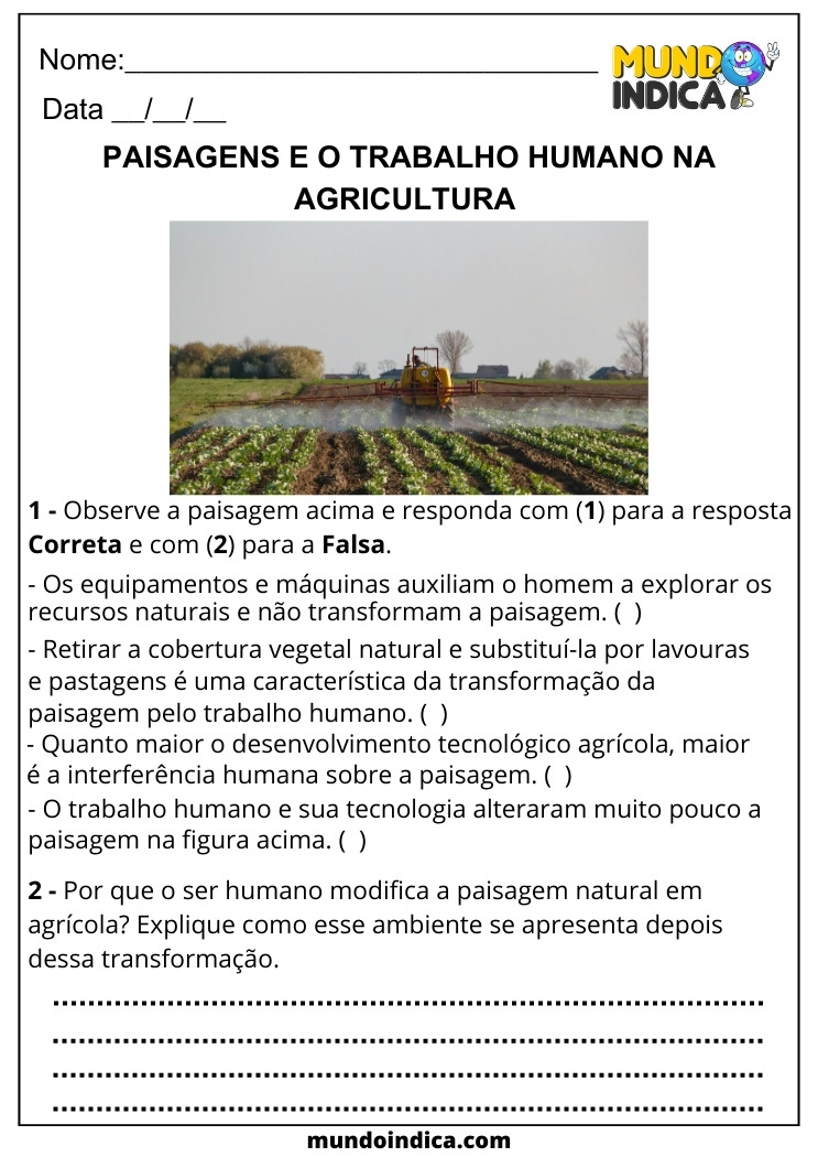 Atividade de Geografia para 6 ano Ensino Fundamental sobre Paisagens e o Trabalho Humano na Agricultura para Imprimir