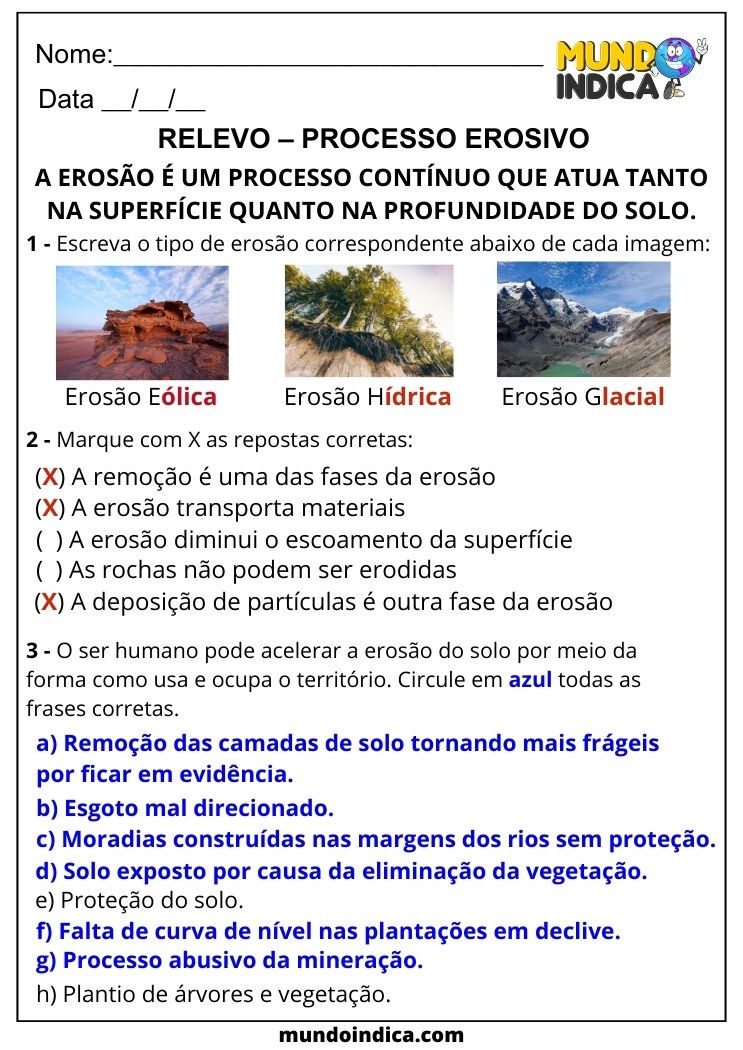 Atividade de Geografia para 6 ano Ensino Fundamental sobre Relevo e o Processo Erosivo com Respostas para Imprimir