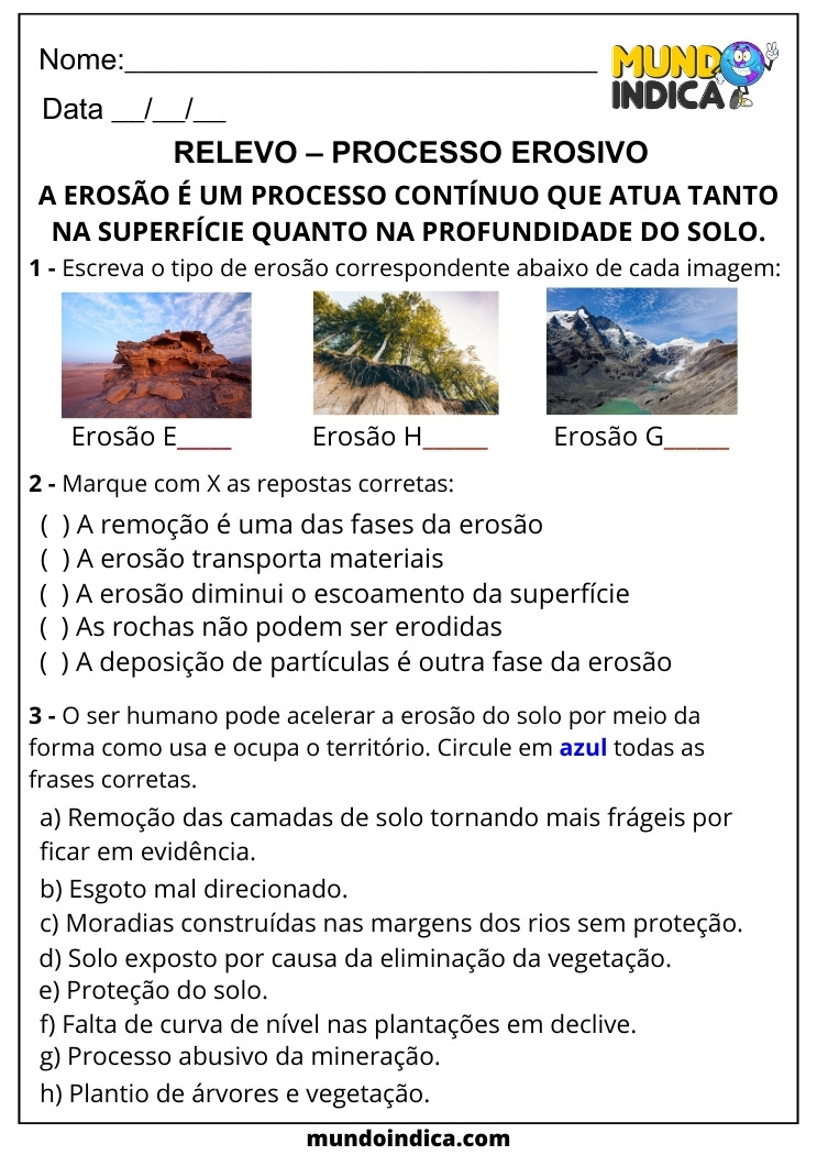 Atividade de Geografia para 6 ano Ensino Fundamental sobre Relevo e o Processo Erosivo para Imprimir