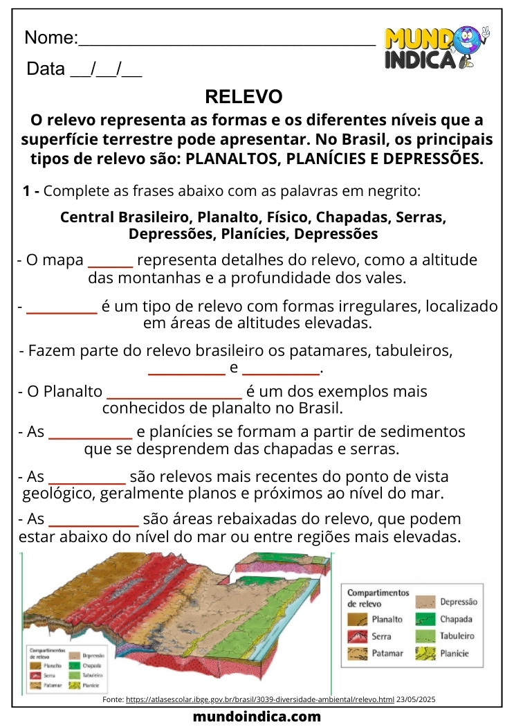 Atividade de Geografia para 6 ano Ensino Fundamental sobre Relevo para Imprimir
