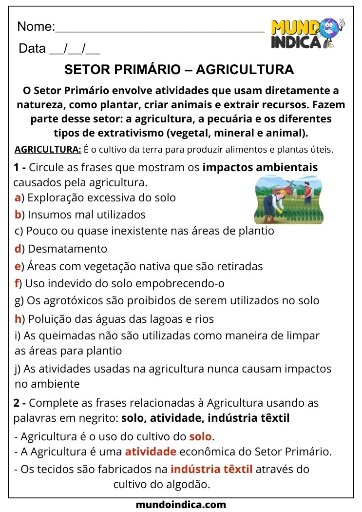 Atividade de Geografia para 6 ano Ensino Fundamental sobre Setor Primário e Agricultura com Respostas para Imprimir