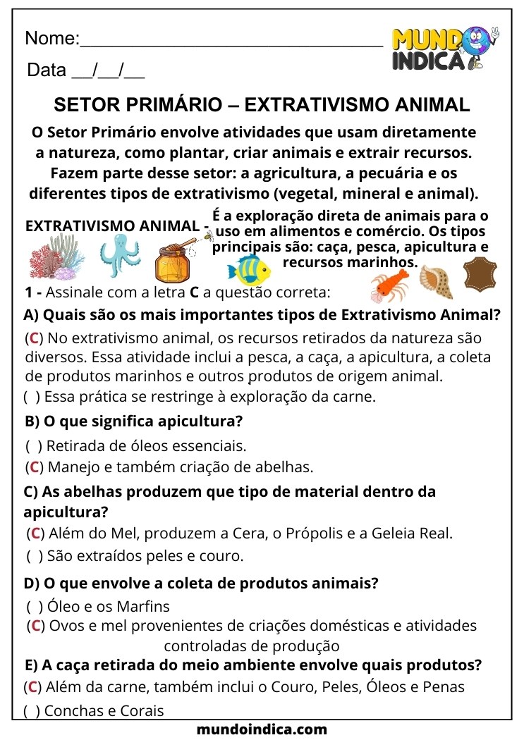 Atividade de Geografia para 6 ano Ensino Fundamental sobre Setor Primário e Extrativismo Animal com Respostas para Imprimir