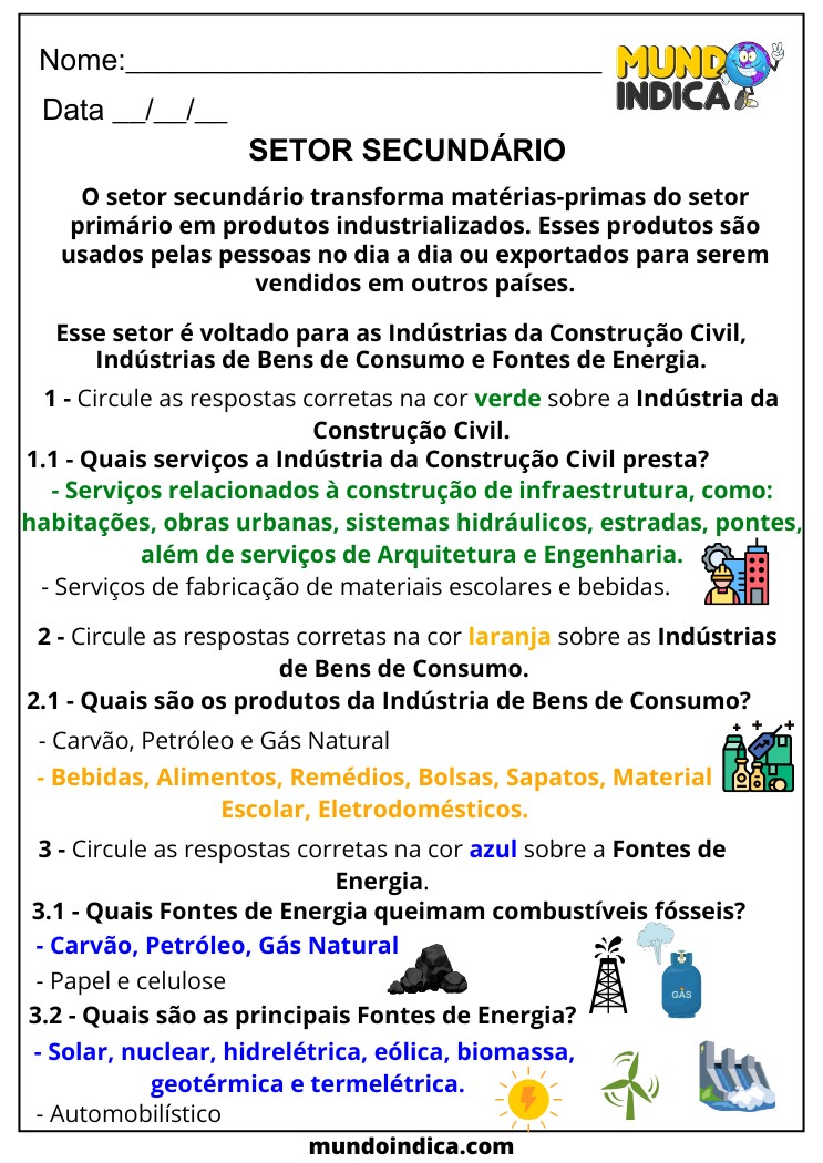 Atividade de Geografia para 6 ano Ensino Fundamental sobre Setor Secundário da Economia com Respostas para Imprimir