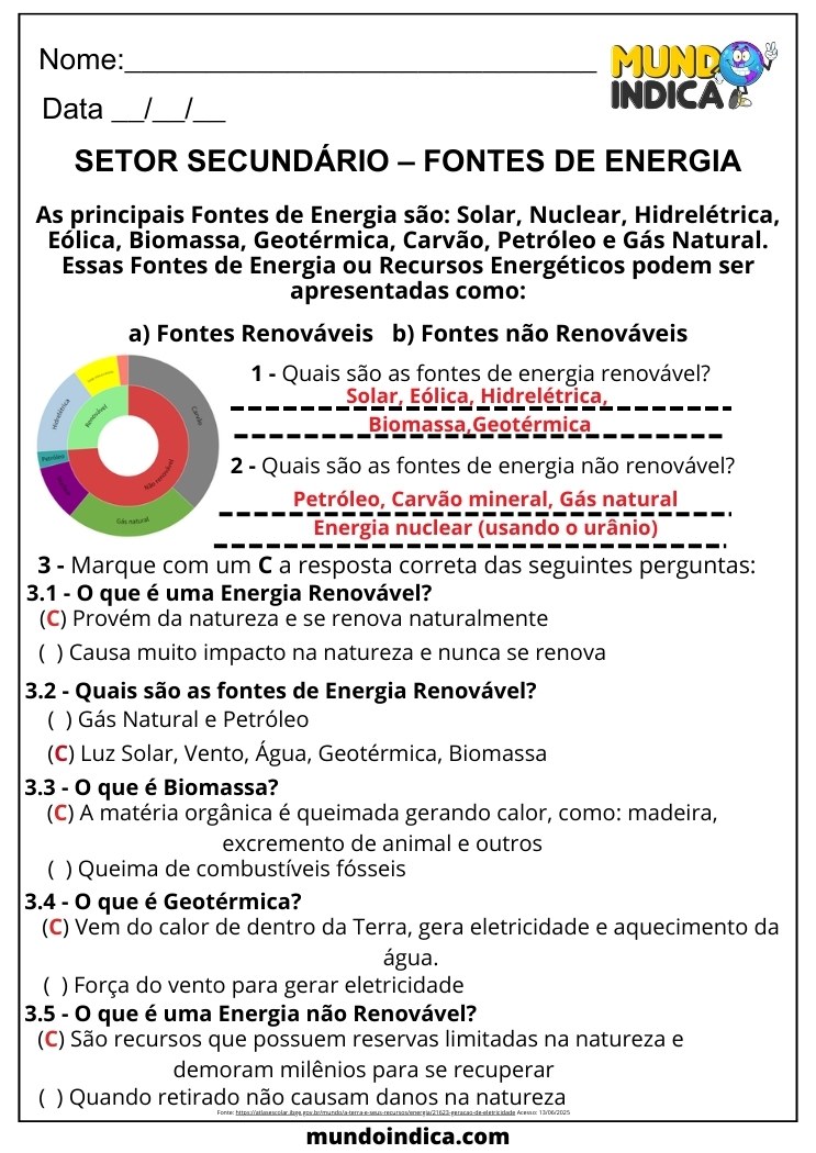 Atividade de Geografia para 6 ano Ensino Fundamental sobre Setor Secundário e Fontes de Energia com Respostas para Imprimir