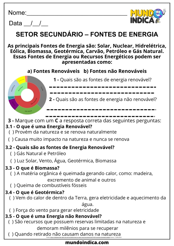 Atividade de Geografia para 6 ano Ensino Fundamental sobre Setor Secundário e Fontes de Energia para Imprimir