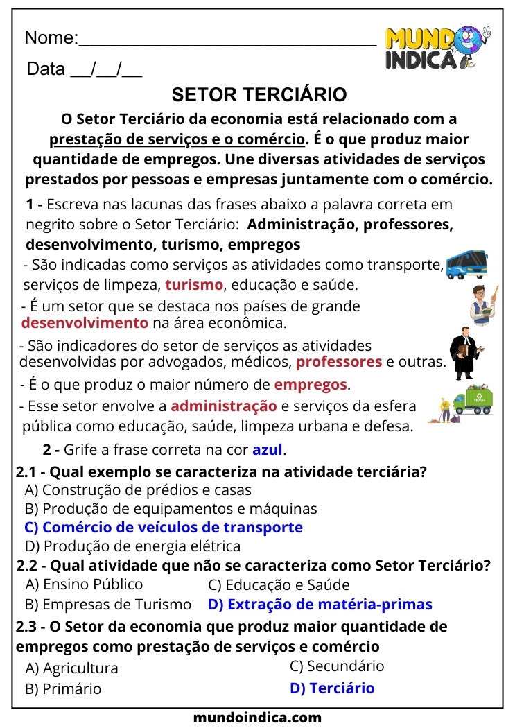Atividade de Geografia para 6 ano Ensino Fundamental sobre Setor Terciário da Economia com Respostas para Imprimir