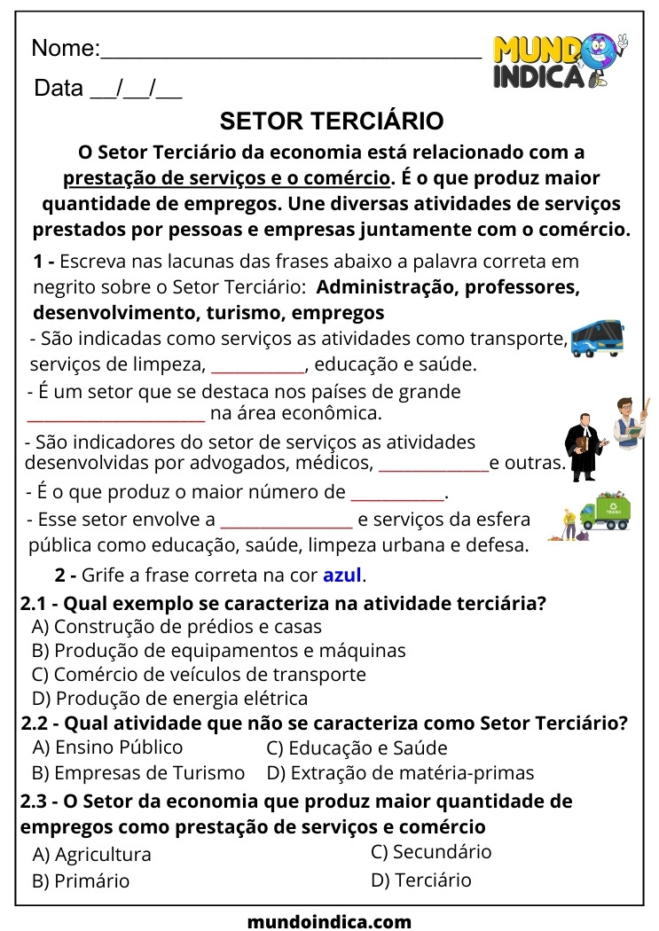 Atividade de Geografia para 6 ano Ensino Fundamental sobre Setor Terciário para Imprimir