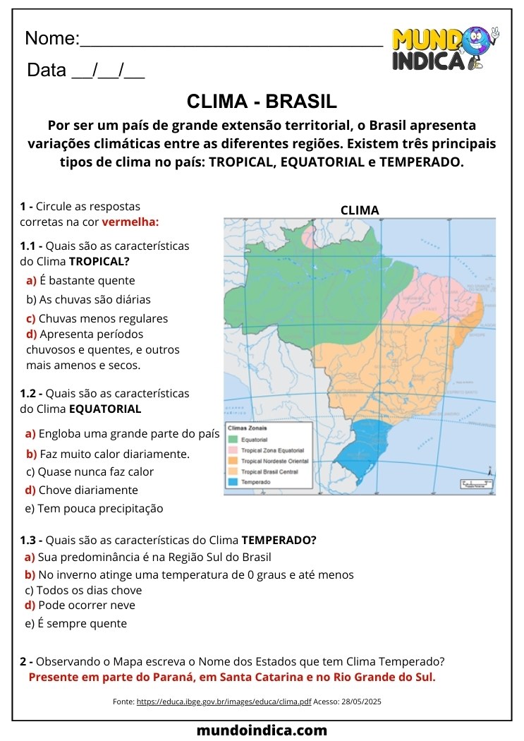 Atividade de Geografia para 6 ano Ensino Fundamental sobre os Climas do Brasil com Respostas para Imprimir