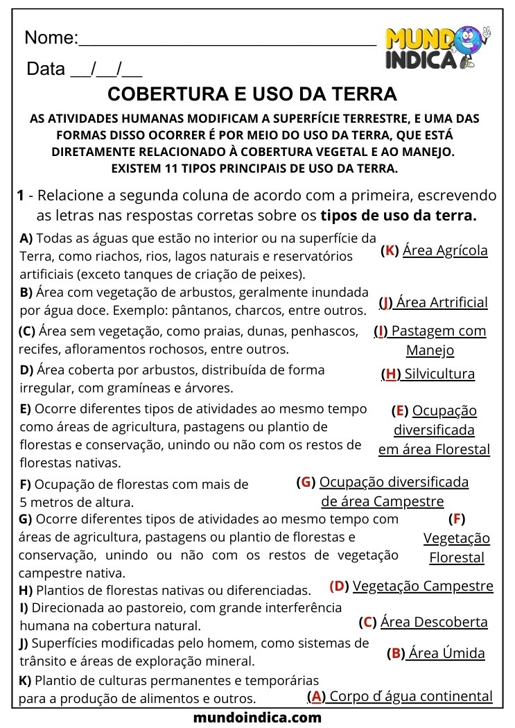 Atividade de Geografia para 6 ano sobre Cobertura e o Uso da Terra com Respostas para Imprimir