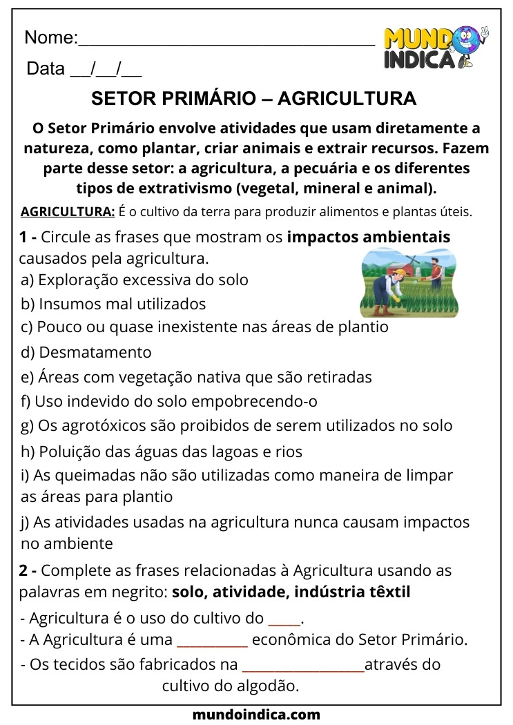 Atividade de Geografia para 6 ano sobre Setor Primário e Agricultura para Imprimir