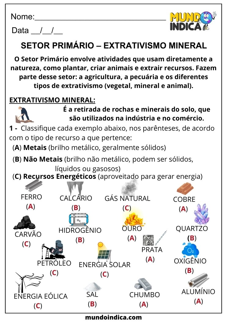 Atividade de Geografia para 6 ano sobre Setor Primário e Extrativismo Mineral com Respostas para Imprimir