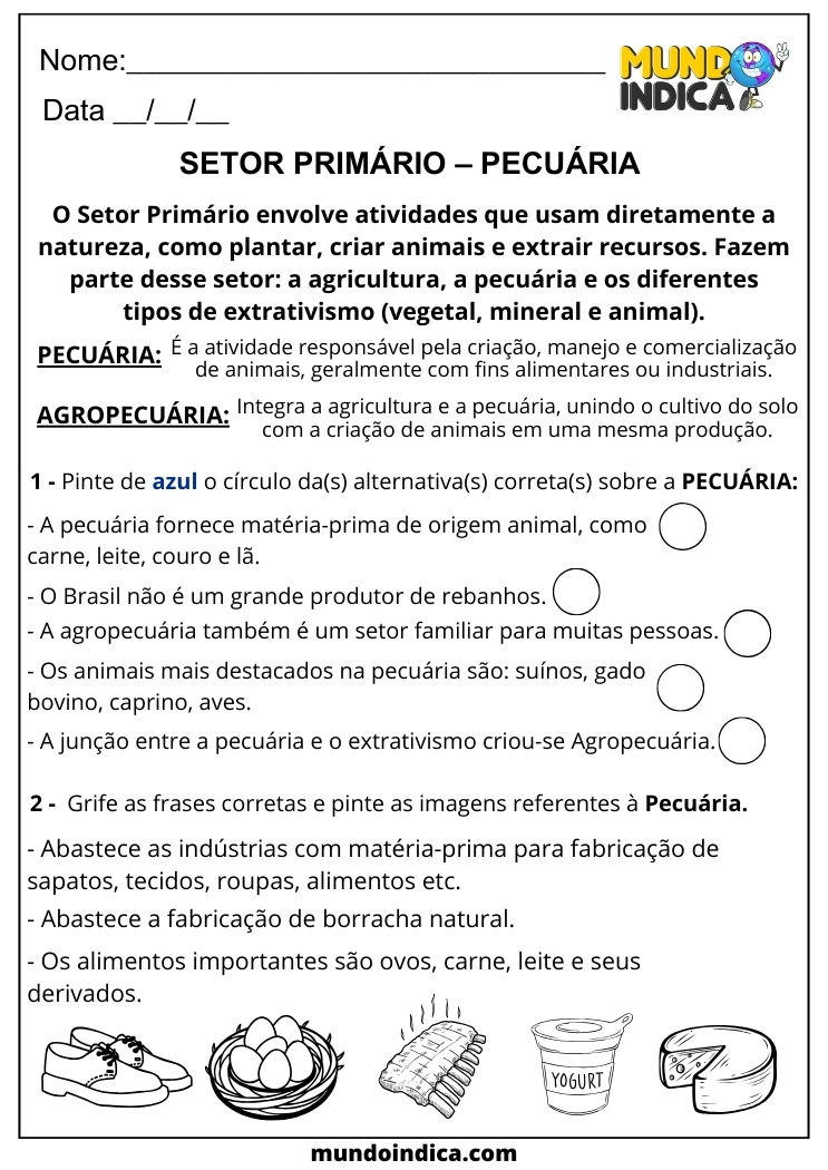 Atividade de Geografia para 6 ano sobre Setor Primário e Pecuária para Imprimir