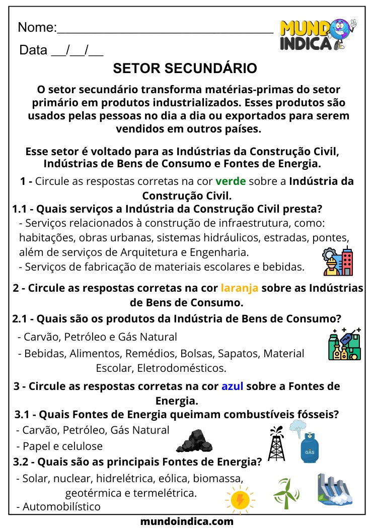 Atividade de Geografia para 6 ano sobre Setor Secundário para Imprimir