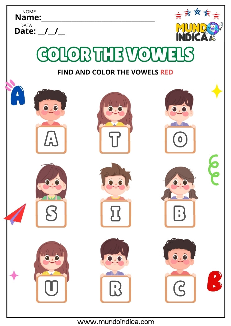 Atividade de Inglês Color the Vowels para Imprimir