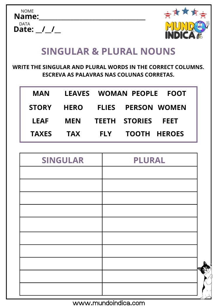 Atividade de Inglês Escreva as Palavras nas Colunas Corretas Singular ou Plural para Imprimir