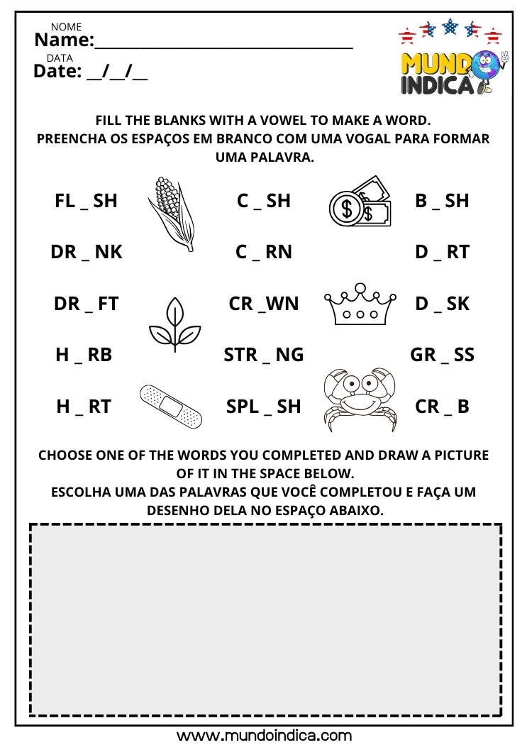 Atividade de Inglês Preencha os Espaços em Branco com Alguma Vogal e Desenhe uma Palavra Completada para Imprimir