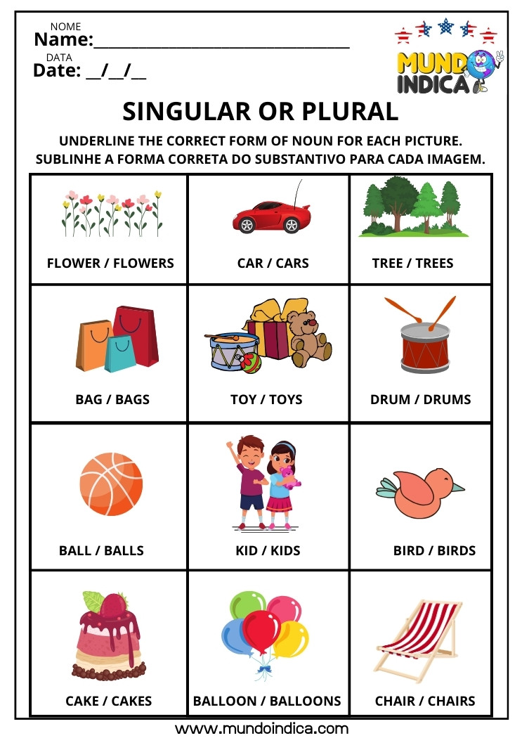 Atividade de Inglês Sublinhe a Forma Correta do Substantivo para cada Imagem no Plural ou Singular para Imprimir