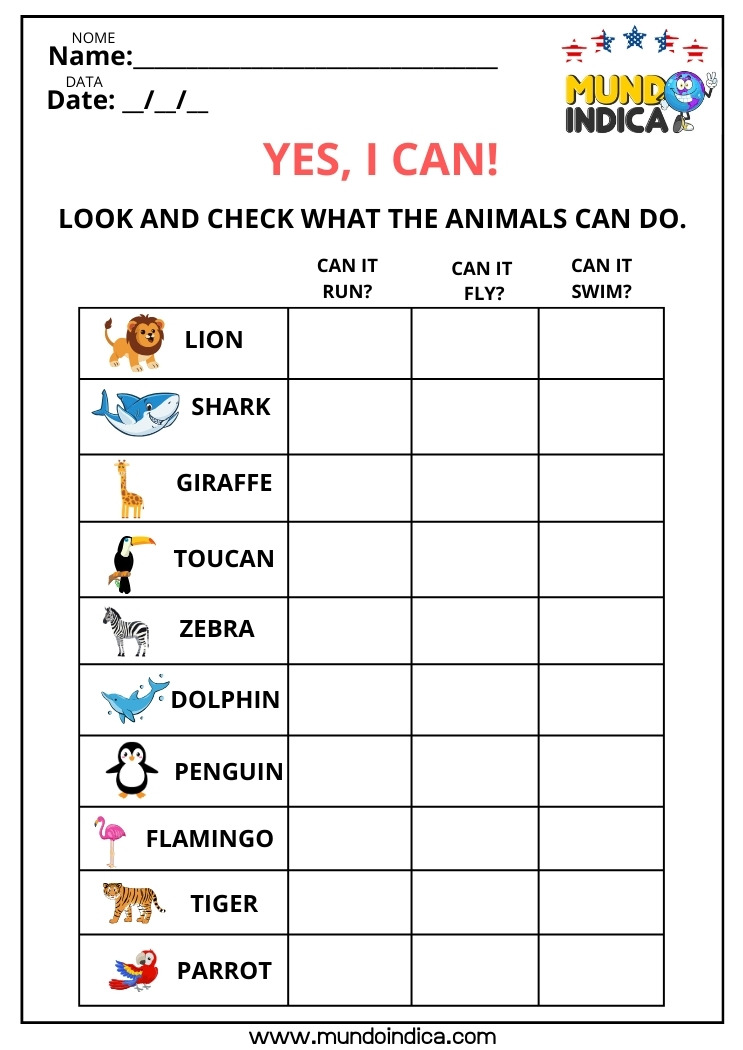 Atividade de Inglês com Animais sobre Can ou Can't Run, Fly, Swin para Imprimir