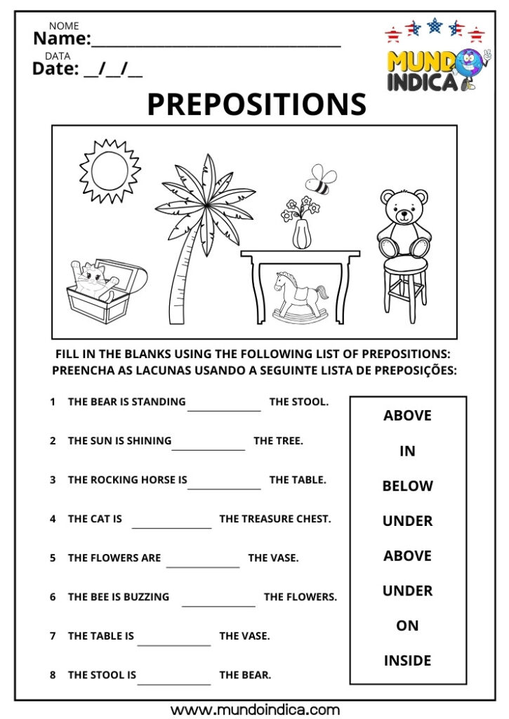 12 Atividades de Inglês sobre Prepositions of Place para Imprimir