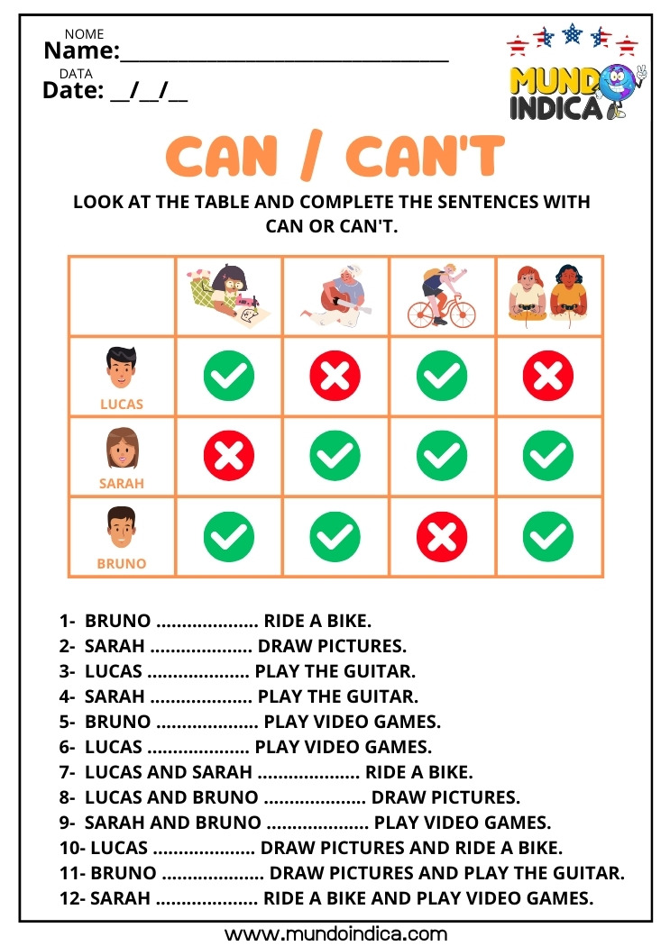 Atividade de Inglês com Interpretação de Tabela usando Can ou Can't para Imprimir