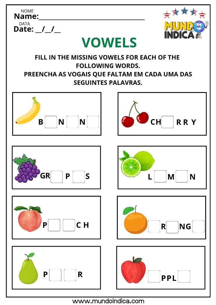 Atividade de Inglês com Letras Faltantes para Imprimir