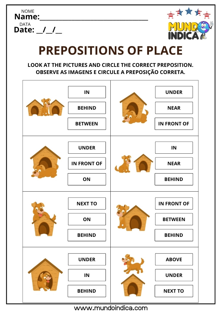 Atividade de Inglês com Prepositions of Place para Circular In, On, Under, Behind, Between, In Front Of, Next to, Near, Above
