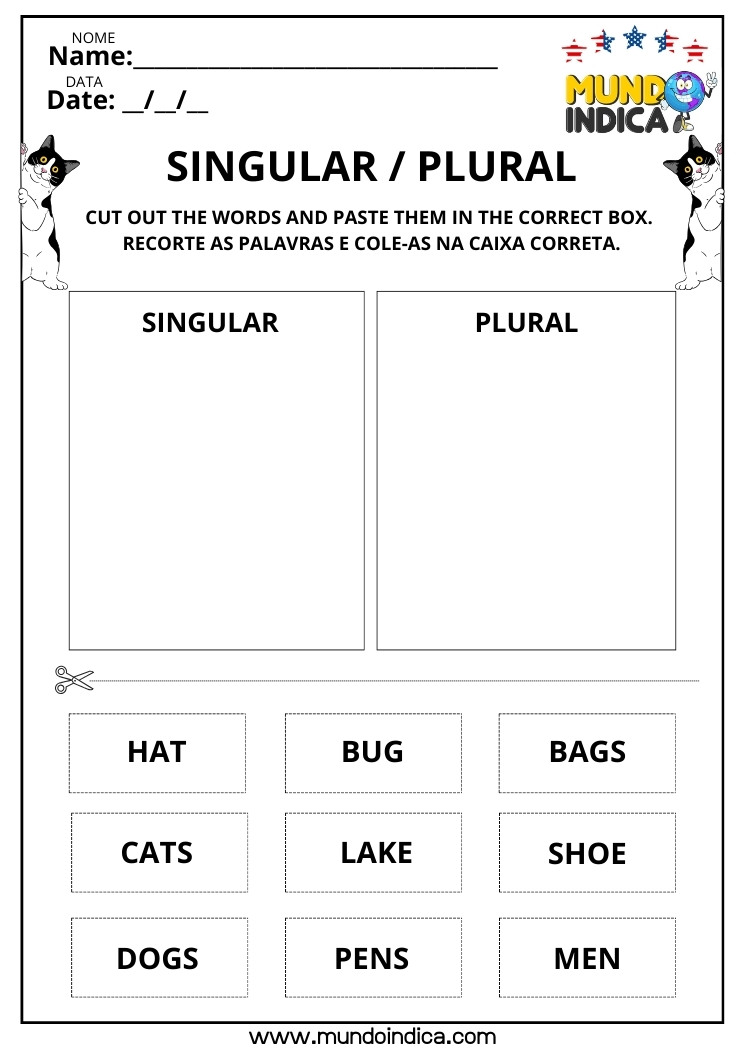 Atividade de Inglês com Recorte e Colagem das Palavras nas Colunas Singular ou Plural para Imprimir