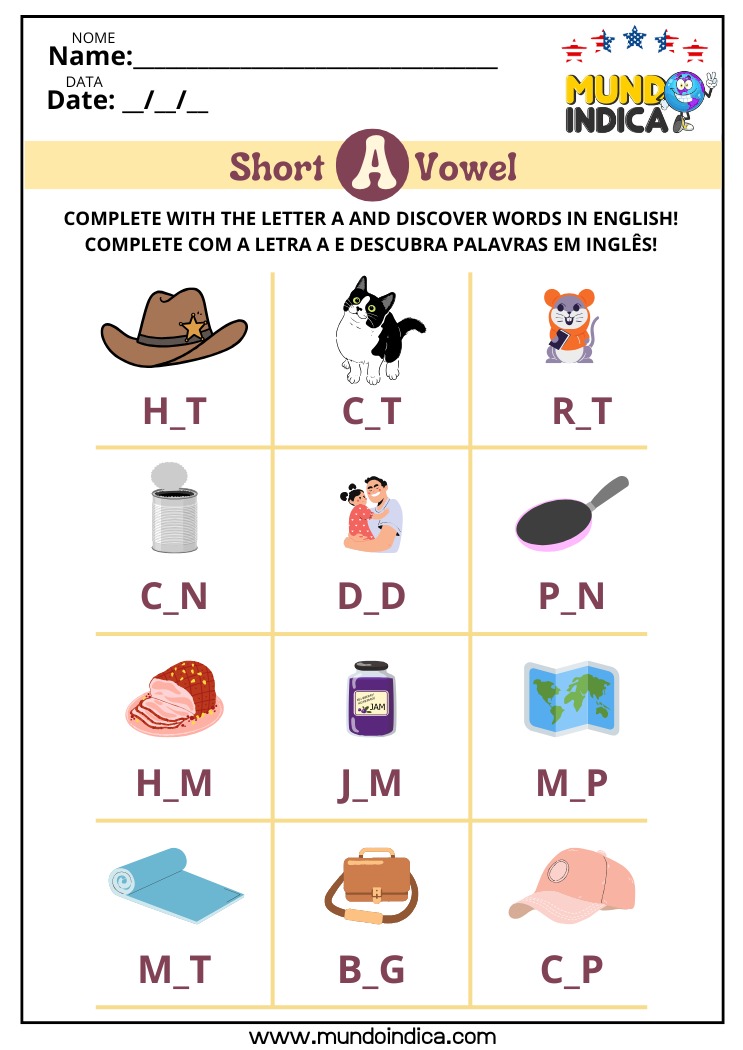 Atividade de Inglês com a Vogal A para Imprimir