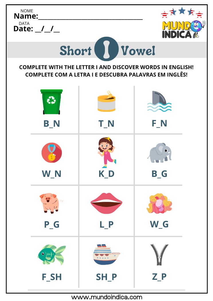 Atividade de Inglês com a Vogal I para Imprimir