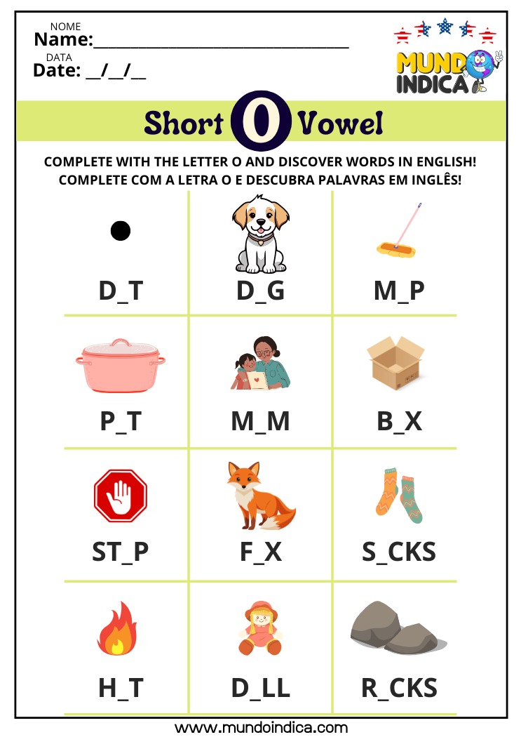Atividade de Inglês com a Vogal O para Imprimir