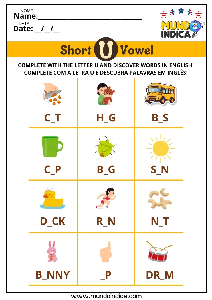 Atividade de Inglês com a Vogal U para Imprimir