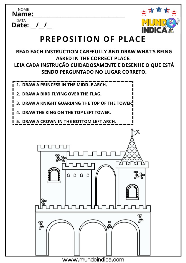 Atividade de Inglês para Colorir sobre Preposição de Lugar para Imprimir