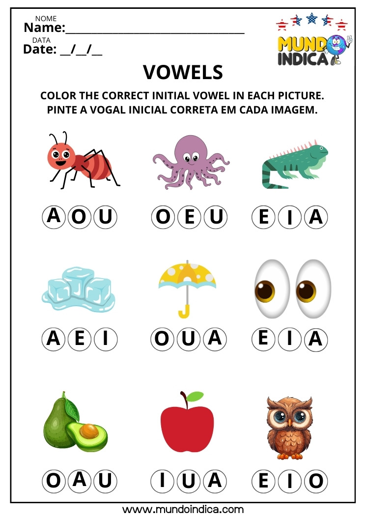 Atividade de Inglês para Colorir sobre Vogais para Imprimir