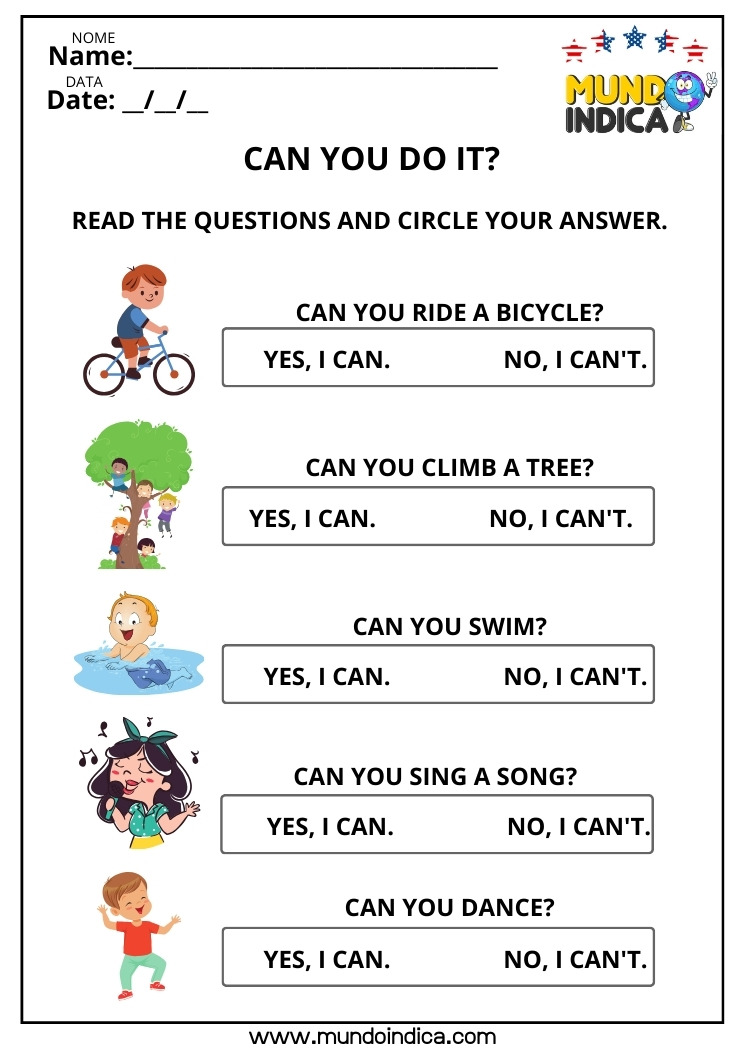 Atividade de Inglês sobre Can ou Can't para Circular a Resposta Correta para para Imprimir