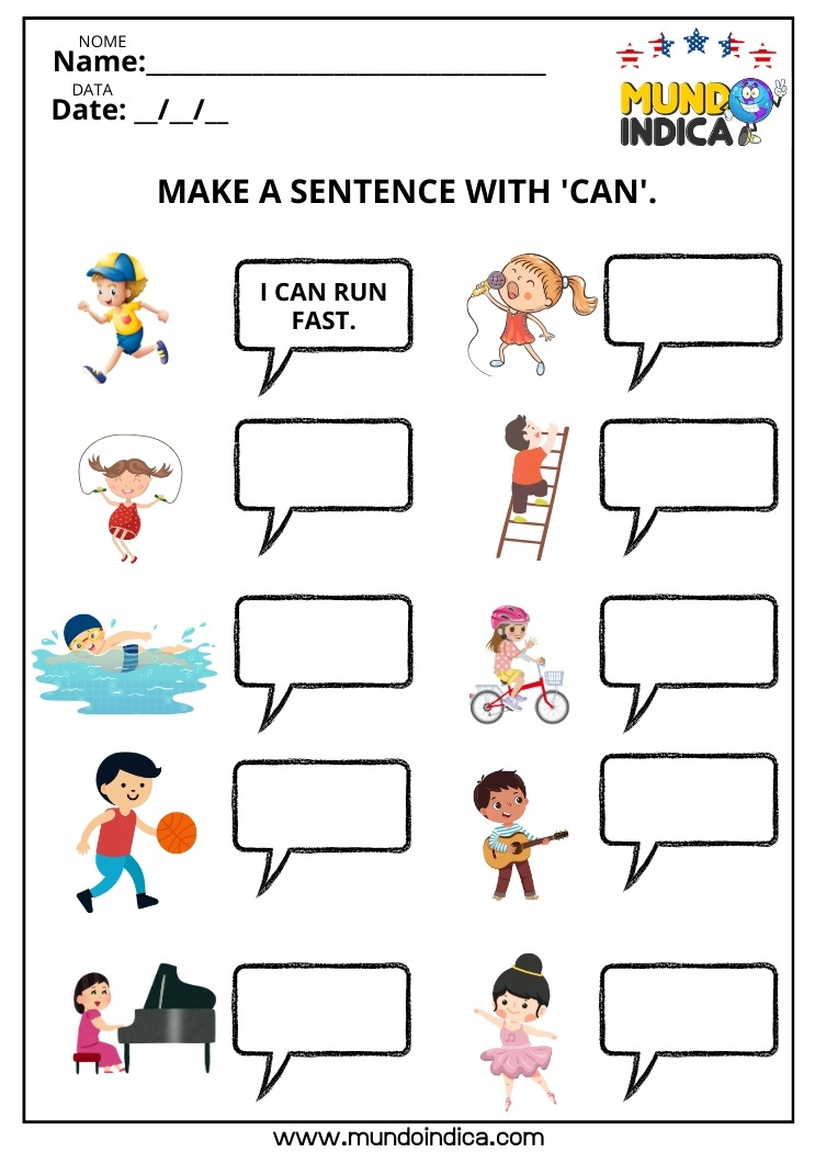 Atividade de Inglês sobre Can para Formar Frases com Base nas Figuras para Imprimir