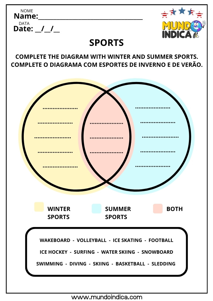Atividade de Inglês sobre Esportes de Inverno e Verão com Diagrama para Imprimir