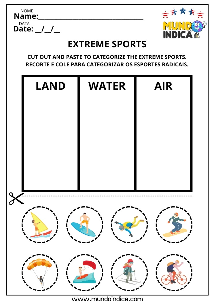 Atividade de Inglês sobre Extreme Sports com Recorte e Colagem no Land, Water e Air para Imprimir