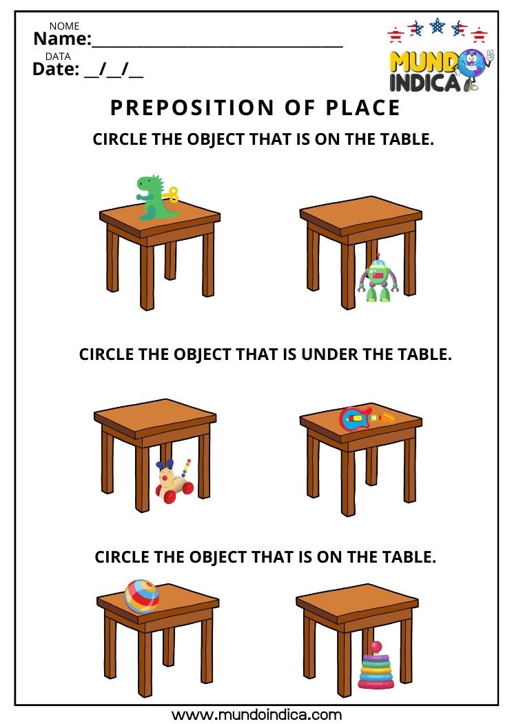 Atividade de Inglês sobre Preposição de Lugar para Circular de Acordo com a Figura para Imprimir