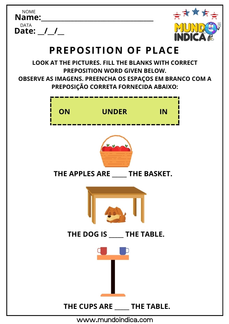 Atividade de Inglês sobre Preposição de Lugar para Preencher os Espaços em Branco para Imprimir
