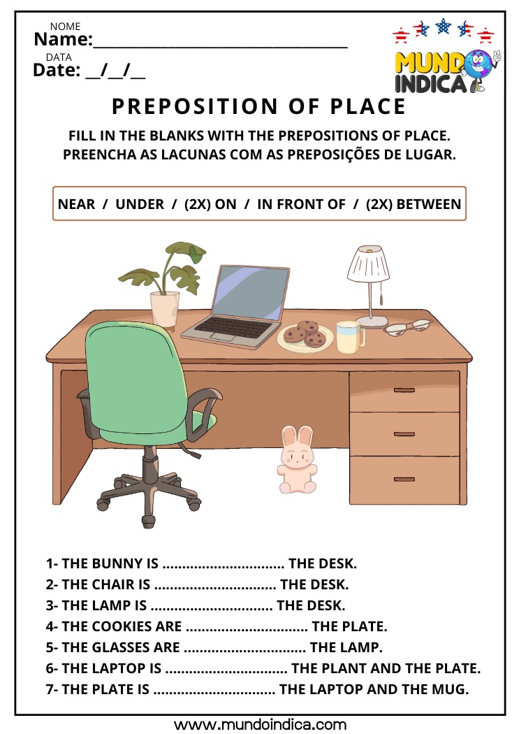 Atividade de Inglês sobre Prepositions of Place para Preencher as Lacunas de Acordo com a Interpretação da Imagem
