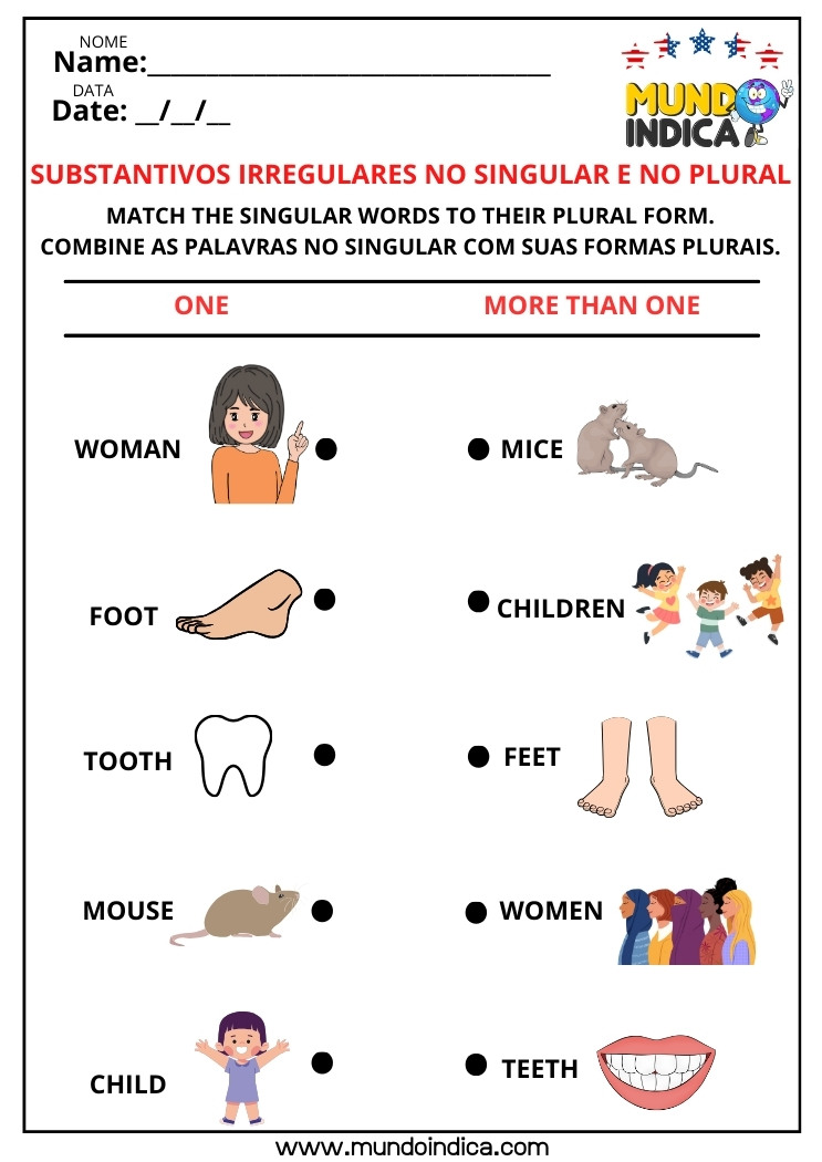 Atividade de Inglês sobre Substantivos Irregulares no Singular e no Plural para Imprimir
