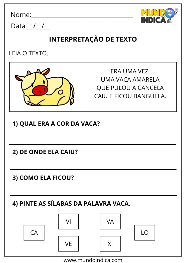 Atividade de Interpretação de Texto da Vaca Amarela para Imprimir