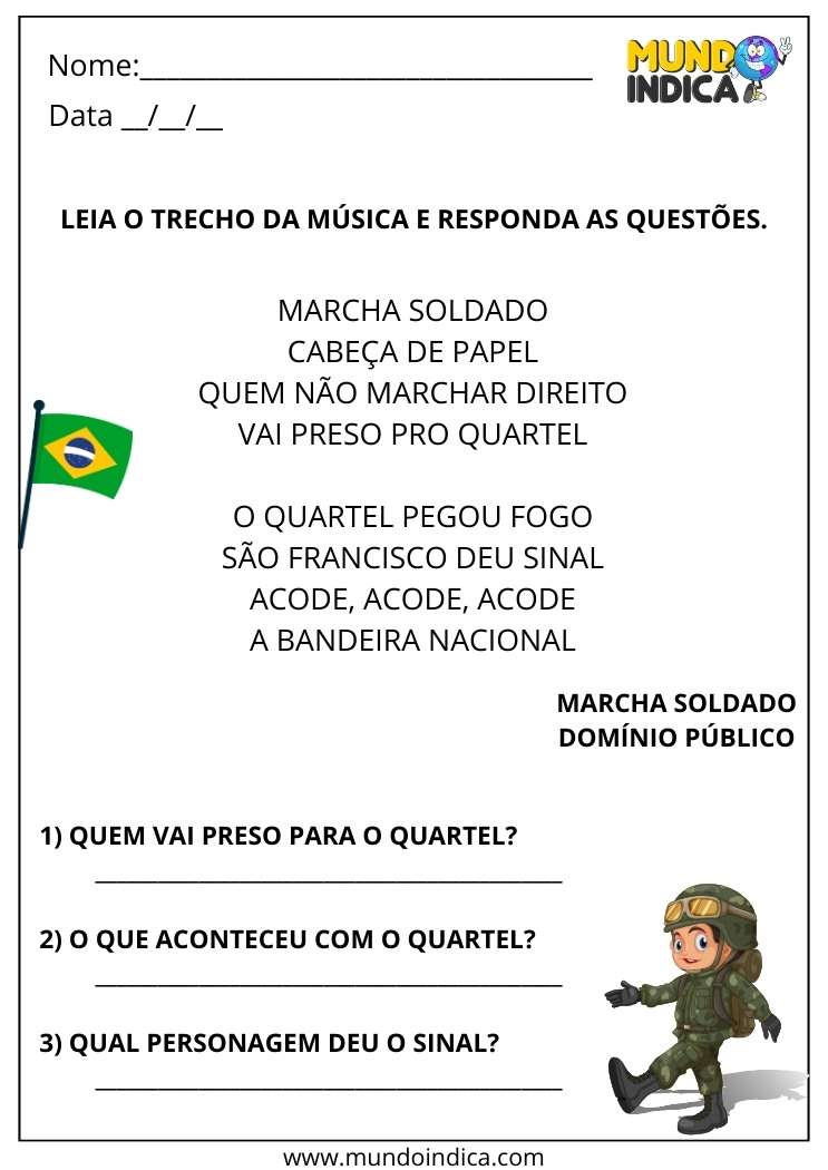 Atividade de Português com Interpretação da Música Marcha Soldado para Imprimir