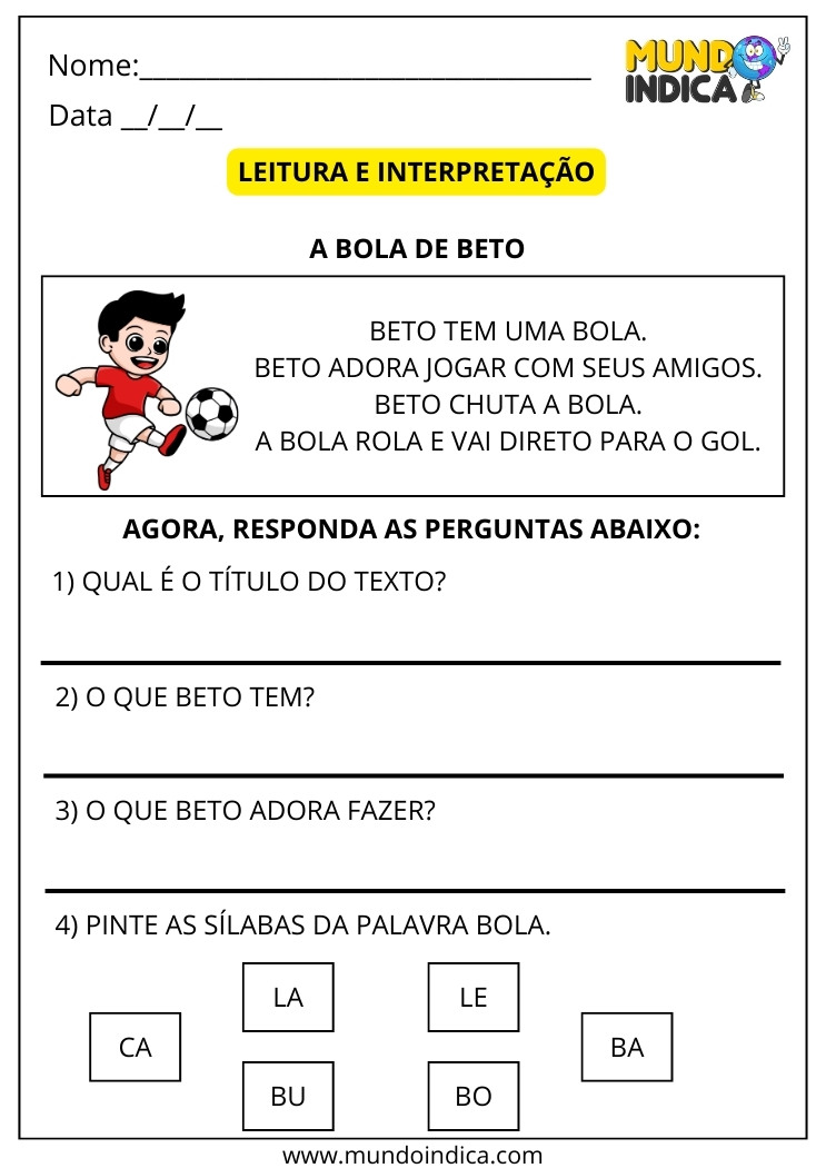 Atividade de Português com Interpretação de Texto e Pintura das Sílabas para Imprimir